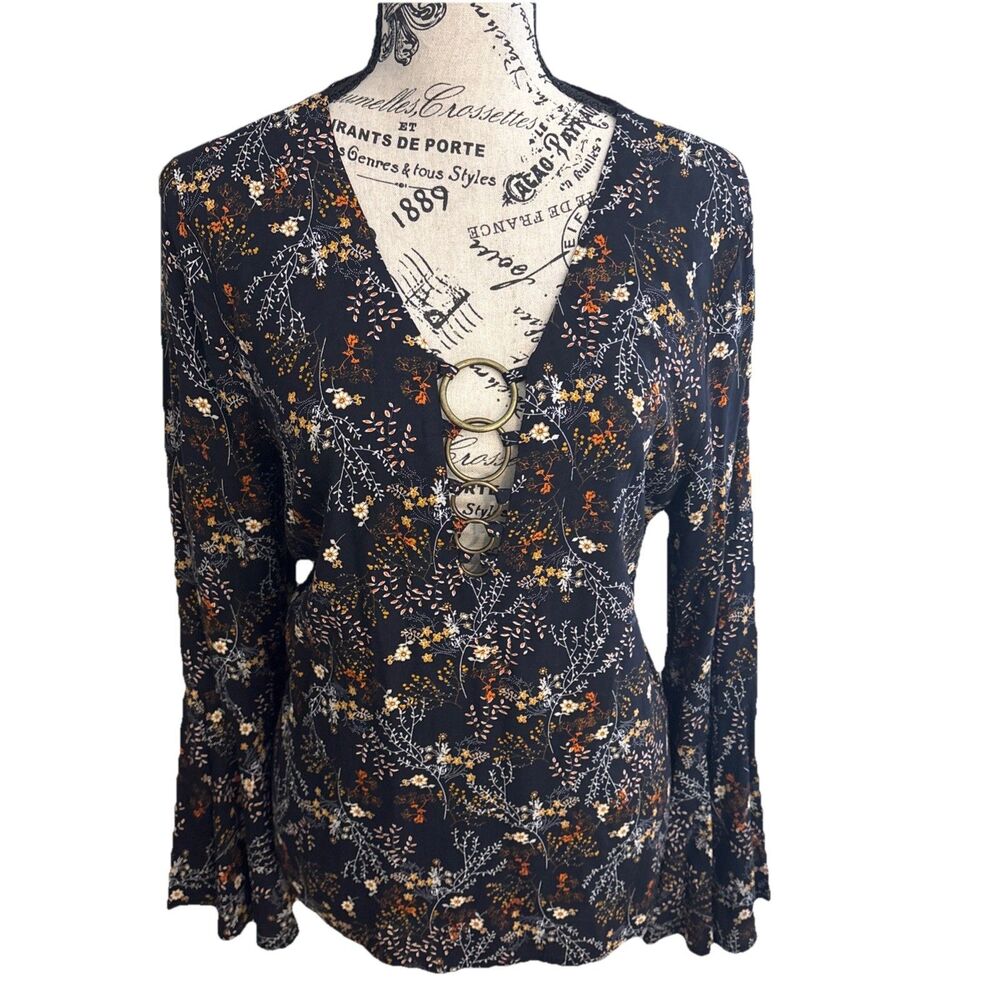 Entro Medium Blue Floral Retro Top Brass Rings Bell Sleeve Earthy Hippie Boho
